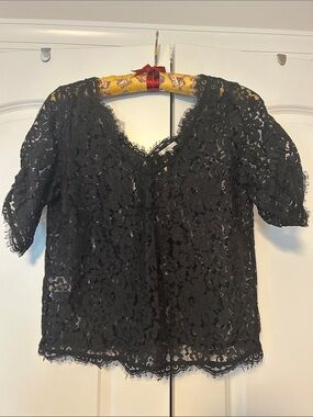 Black Lace Short Sleeve V-Neck Blouse